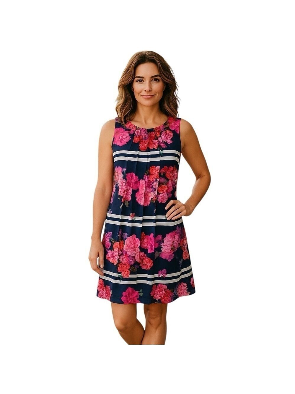 Vince Camuto Floral Dress Stipes Pleated Navy Blue Pink Sleeveless Classic Sz XS